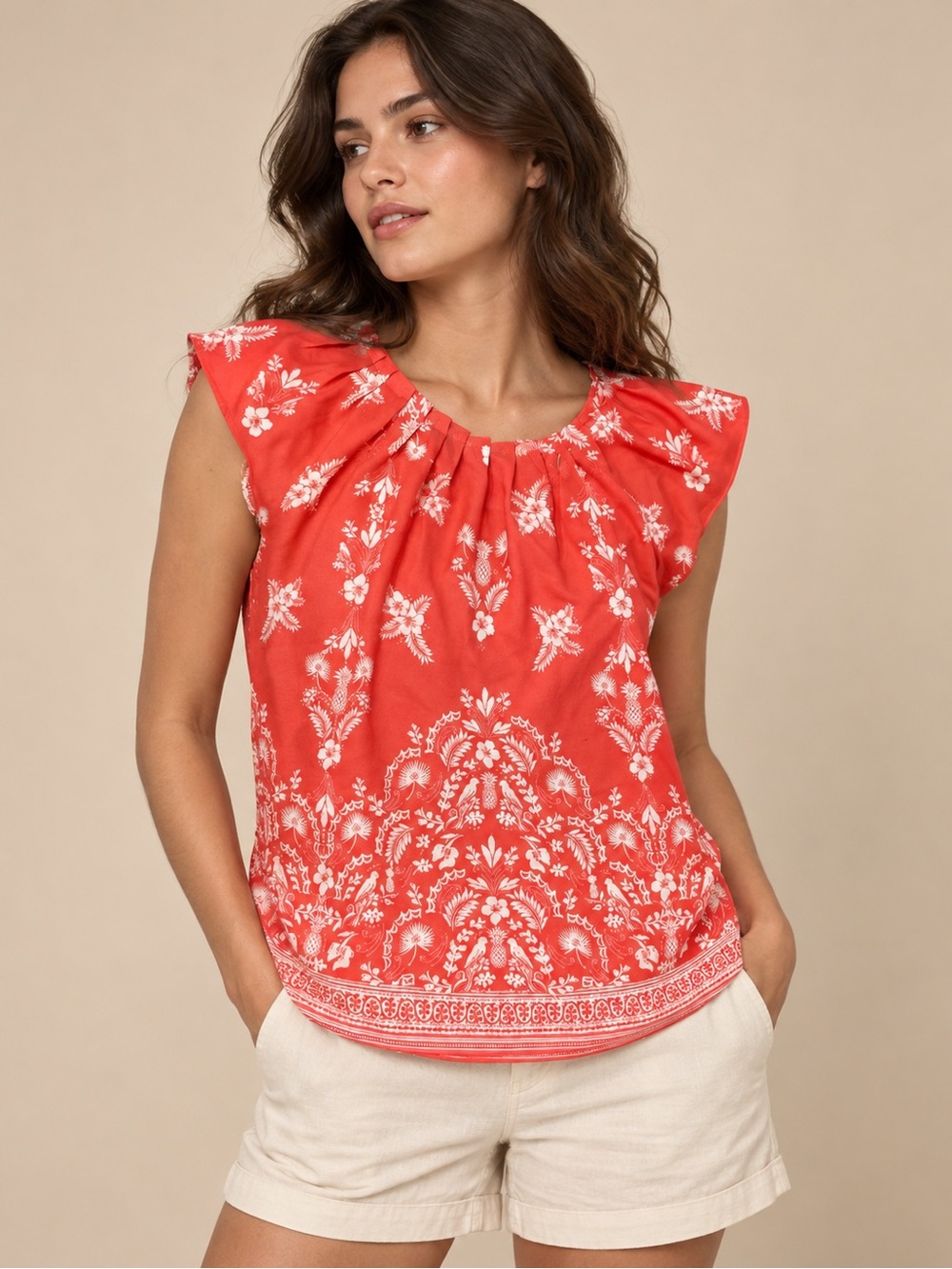 LC Lauren Conrad Coral Floral Pineapple Flutter Sleeve Blouse M